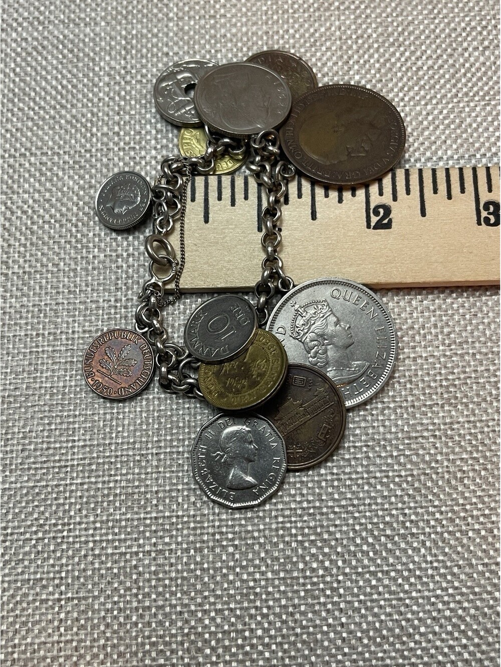 Vintage 1950s 925 Sterling Silver Foreign Coin Charm Bracelet 6.5” Inch - Picture 6 of 6